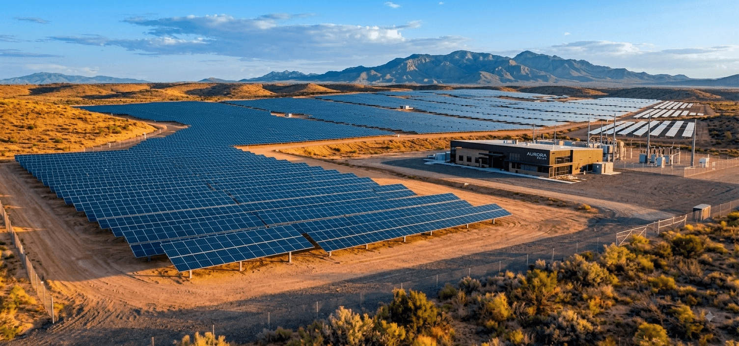 Aerial view of a solar panel installation beside a facility building in the desert