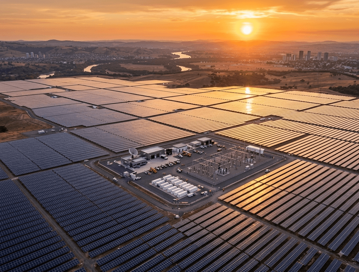 Aerial view of a solar energy installation at sunset